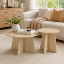 Retro-style nesting coffee table set. Available in walnut or natural wood finishes. Round nesting side tables with crisscross legs. Ideal for living rooms and dining rooms.