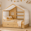 Full Bed Frame for Kids, Montessori Floor Bed Style with Roof and Curtains, Safety Guardrails, 2 Storage Drawers, Wooden Bed for Boys Girls, No Box Spring Needed, Easy Assemble, Natural