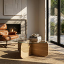 Luma 29.5' Round Glass Coffee Table with Modern Cross Base, Blonde Oak