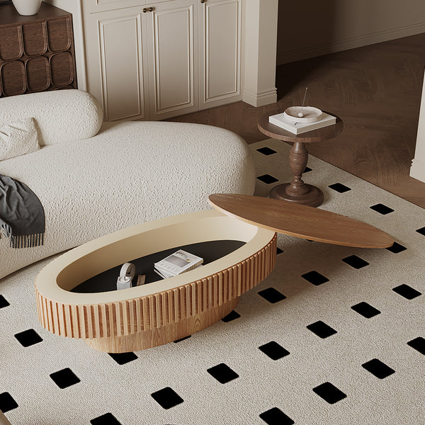 47'' Oval Coffee Table with Storage Solid Wood Veneered Modern Coffee Table Accent Tea Table for Living Room, Bedroom, Apartment or Office, Natural Wood