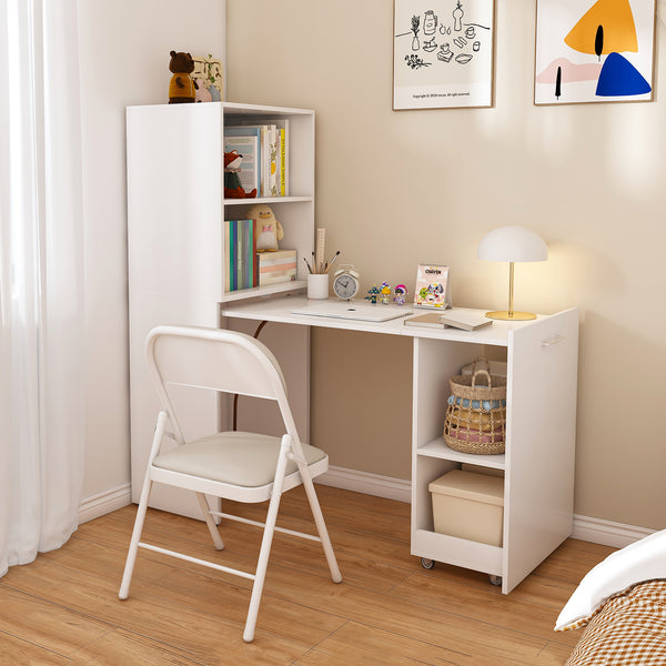 Stretchable desk, office desk with storage shelves and mobile wheels, foldable desk suitable for small apartments and offices, white