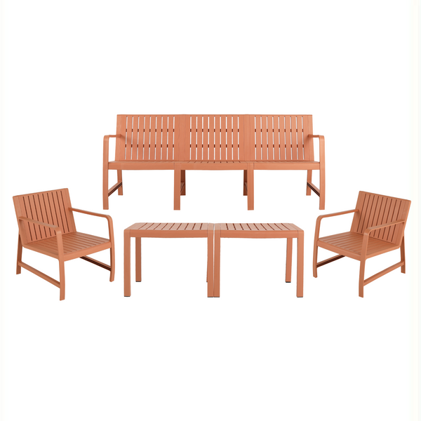 5-piece Indoor/Outdoor Furniture Set - 3-seater Sofa, 2 Chairs and 2 Coffee Tables,Waterproof and Durable,71.26*27.17*29.92in/24.61*27.17*29.92in/19.69×19.69×14.96in, Apricot Brown, PP