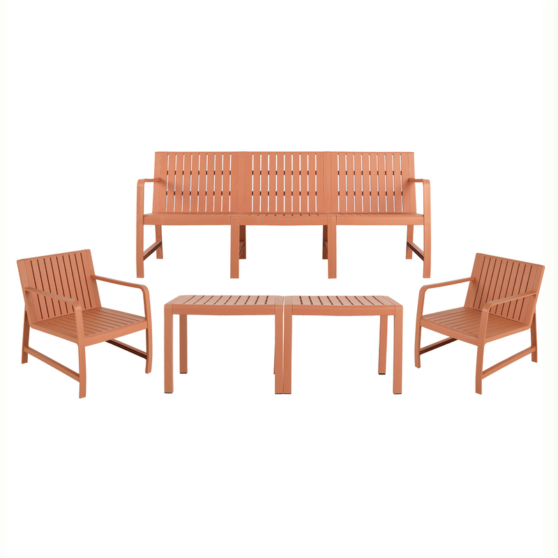 5-piece Indoor/Outdoor Furniture Set - 3-seater Sofa, 2 Chairs and 2 Coffee Tables,Waterproof and Durable,71.26*27.17*29.92in/24.61*27.17*29.92in/19.69×19.69×14.96in, Apricot Brown, PP