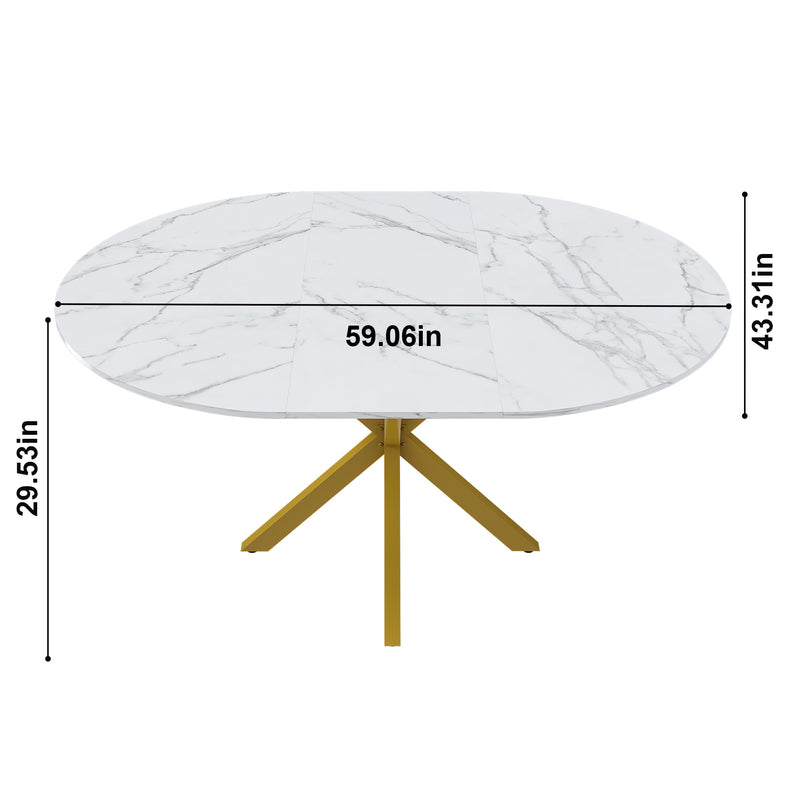 Modern Round Dining Table with Extendable Blades, Carbon Steel X-Base, White Marble-Veined Top, MDF and Iron Construction, Fits 4-6 People