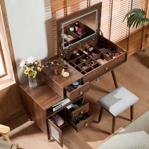 3-in-1 Vanity Desk with Lighted Flip-Top Mirror & Adjustable Cabinet, Makeup Dressing Table with Stool, Dresser with Drawers for Bedroom, Walnut