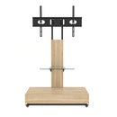 Natural Adjustable Height Mobile TV Cart with Push-Pull Drawer for 32-75 Inches, Wood & Glass TV Stand with Wheels