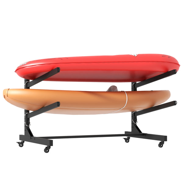 Heavy-Duty Freestanding Kayak Storage Rack with Adjustable Stand and Lockable Wheels, Black Metal