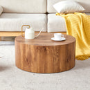 Simple wood grain cylindrical coffee table, 23.6-inch diameter x 11.8 inch height,MDF material living room furniture. Suitable for industrial style, or modern minimalist living room.