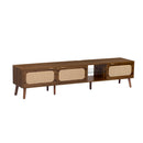 78' TV Stand for 75/80/85 inch TV with Walnut Finish, Ample Storage and Open Shelving in Solid Wood and Glass
