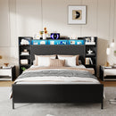 Twin Size Bed Frame with USB Charging Station, Storage Headboard and with Led Light, Heavy Duty Metal Platform Bed Frame, No Box Spring Needed, Black
