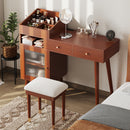 Modern Makeup Vanity Desk with Drawers, Cabinet & Charging Port, Space-saving Dressing Table Set with Stool for Small Places, Walnut