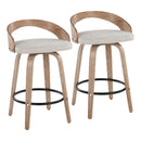 26' Fixed-Height Counter Stool with Swivel in White Washed Wood and Oat Fabric with Round Black Metal Footrest  - Set of 2