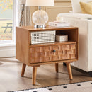 22' Mid-Century Modern Wood Nightstand with Carved Geometric Drawer Front, 1 Drawer and Open Shelf, Solid Wood Legs, Bedside Table for Bedroom