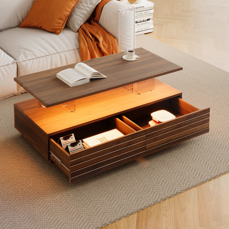 Modern Walnut Rectangular LED Lights Coffee Table with 2 drawers in 47.2'