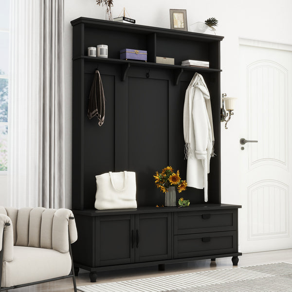 [New Picture] ON-TREND Modern Style Hall Tree with Storage Cabinet and 2 Large Drawers, Widen Mudroom Bench with 5 Coat Hooks, Black