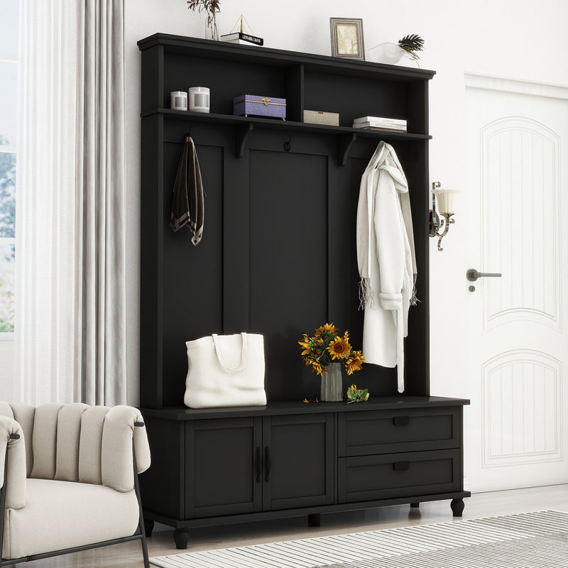 [New Picture] ON-TREND Modern Style Hall Tree with Storage Cabinet and 2 Large Drawers, Widen Mudroom Bench with 5 Coat Hooks, Black