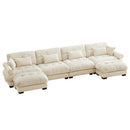 Modern Velvet U Shaped Sectional Sofa with Movable Ottomans, Cream Upholstered 4 Seater with Bolstered Armrests and Pillows