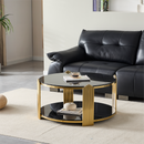 35.00 Inch Modern Coffee Table, Double-Layer Tempered Black Glass & Gold Stainless Steel Frame Living Room Table, Round Table,Easy Assembly.