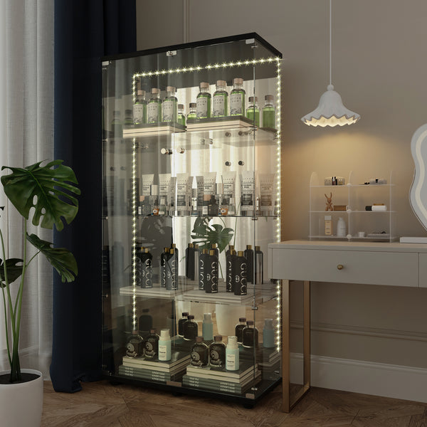 Tempered glass display cabinet,liquor cabinet, storage cabinet,file cabinet,with Bluetooth LED strip light,lock on the door,back panel is Mirror,suitable for living room,bedroom,corridor, office,black