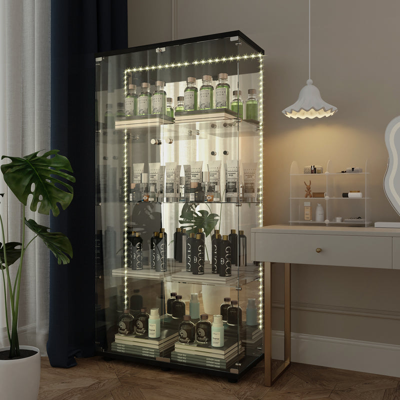 Tempered glass display cabinet,liquor cabinet, storage cabinet,file cabinet,with Bluetooth LED strip light,lock on the door,back panel is Mirror,suitable for living room,bedroom,corridor, office,black