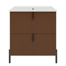Dark Brown Fluted Bathroom Vanity with Ceramic Sink, 30' Freestanding Design, Full-Extension Soft-Close Drawers, MDF Construction