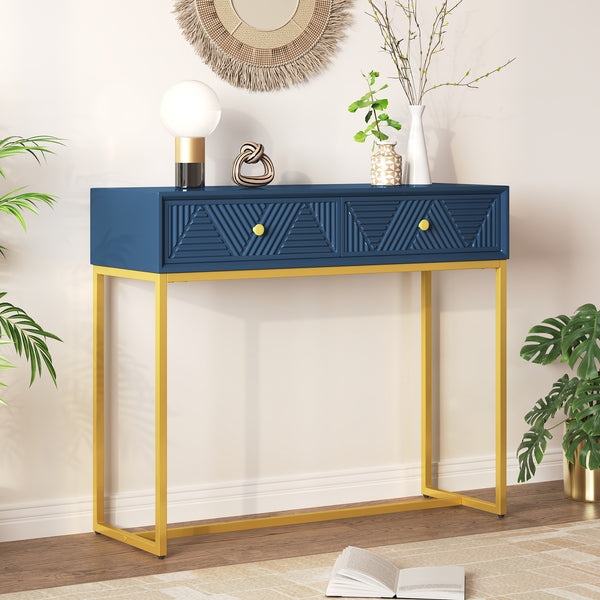 TREXM Console Table Entryway Table, Modern Sleek Console Table with Storage, Narrow Console Table with Two Drawers with Stripe Design for Living Room Hallway Entryway, Navy