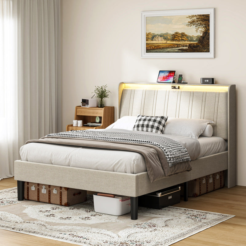 Full Size Platform Bed Frame with Fabric Upholstered Headboard and Wooden Slats Support