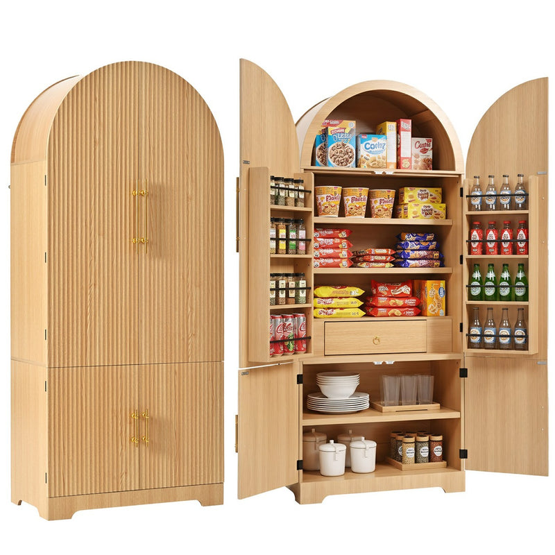 K&K 72' Tall Arched Kitchen Pantry Cabinet with 8 Door Shelves, Fluted Storage Cabinets with 3 Adjustable Shelves, Hidden Drawer, Versatile Cupboard for Kitchen, Dining & Bath Room, Natural