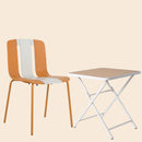 4-Pack Modern Striped Color Block Chairs-Indoor/Outdoor PP Seat & Sturdy Metal Legs, White, Orange, Beige with Modern folding indoor/outdoor square table- PP tabletop with metal legs(White, khaki)