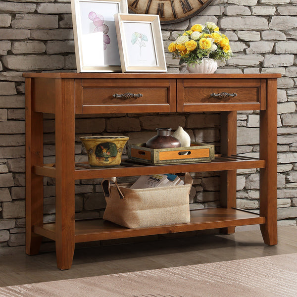 Console Sofa Table with 2 Storage Drawers and 2 Tiers Shelves, Mid-Century Style 42'' Solid Wood Buffet Sideboard for Living Room Furniture Kitchen Dining Room Entryway Hallway, Brown