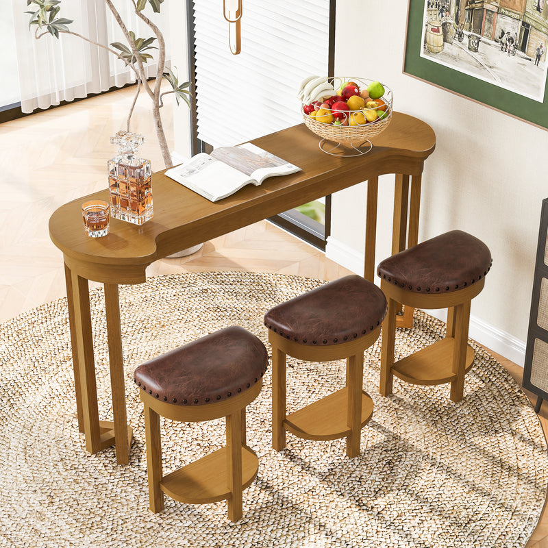 4 Piece Bar Table Set with3 PU Upholstered Bar Stools, Breakfast Table with 3 Padded Stools Solid Wood Counter Height Dining Table Set for Living Room, Dining Room. Natural