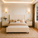 Full-size bed frame, padded headboard, luxury thick base bed, with extra-high wingback vertical stripes, sturdy solid wood slats and legs, no box spring needed, beige