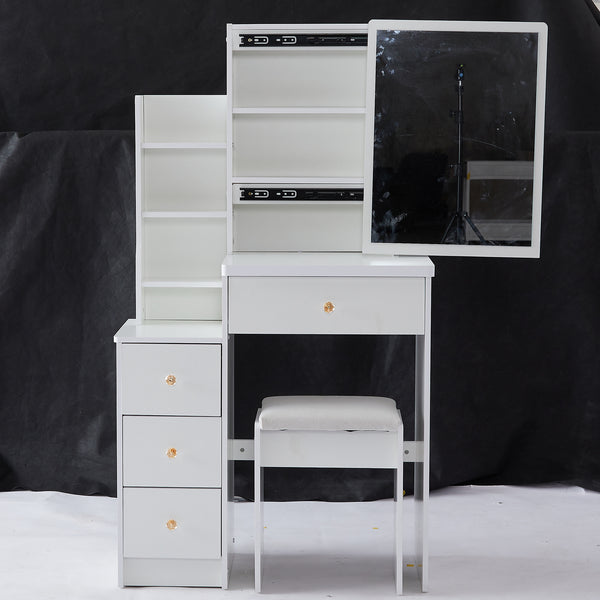 29.2' Small Space Left Bedside Cabinet Vanity Table + Cushioned Stool, Extra Large Right sliding mirror, Multi Layer High Capacity Storage, Practical Fashionable Dresser, Suitable For Small Space