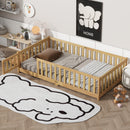Twin Size Floor Bed with Fence and Door,Rubber Wood Floor Bed with Safety Guardrails,Natural (Old Sku W504P370521)