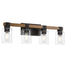4-Light Farmhouse Vanity Light in Antique Brown and Black with Clear Glass Shades, Metal and Wood Construction, 27.4in W x 7.5in H