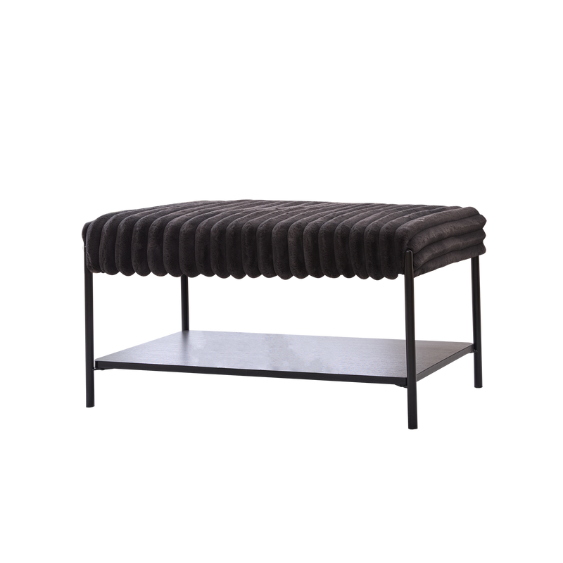 Charcoal Upholstered Ottoman Coffee Table Foot Rest with Black Metal Legs and Wooden Storage Shelf, 30.7' Wide