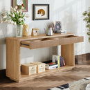 60' Modern 2-Drawer Fluted Console Table Natural Wood Veneer Sofa Table Behind Couch Table for Living Room, Hallway, Entryway, Home Office, Natural Wood