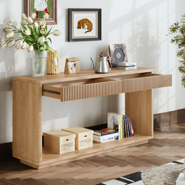 60' Modern 2-Drawer Fluted Console Table Natural Wood Veneer Sofa Table Behind Couch Table for Living Room, Hallway, Entryway, Home Office, Natural Wood