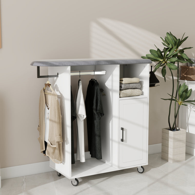 Ironing Cart with Rolling Ironing Board, Multipurpose Ironing Cabinet with Wheels, Compact Ironing Solution for Laundry Room, Bedroom,Cloakroom-White