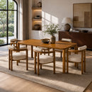 7‑Piece Dining Table Set for 6, 70' Walnut Rubber Wood Rectangular Dining Table with 6 Upholstered Dining Chairs, Beige Fabric Cushion & Dark Brown Rubber Wood Frame, Kitchen Dining Room Furniture Set