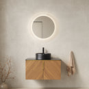 ARAI 30' Bathroom Vanity&Sink, Wall-Mounted Plywood Bathroom Storage Cabinet with Double Doors, Black Sintered Stone Countertop&Black Round Ceramic Basin with Stone Pattern, Brown Oak Woodgrain Color
