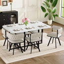 7-Piece Rectangular Dining Table Set, Fixed White Faux Marble Triamine Tabletop with 6 Beige Velvet Chairs, Modern Kitchen Table Set for 6 People, Ideal for Small Spaces, Apartment, Dining Room