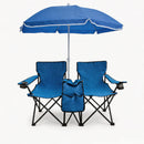 Portable Double Folding Beach Chair Set with Umbrella, 2-Person Outdoor Camping Chair with Cup Holders, Foldable Patio Chair for Picnic, Backyard, Travel, Blue