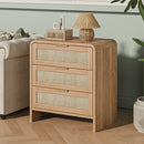 Rattan Nightstand with 3 Drawers, 22.8' Wide Curved Wooden Bedside Table, Modern Storage for Bedroom, Caramel Oak.