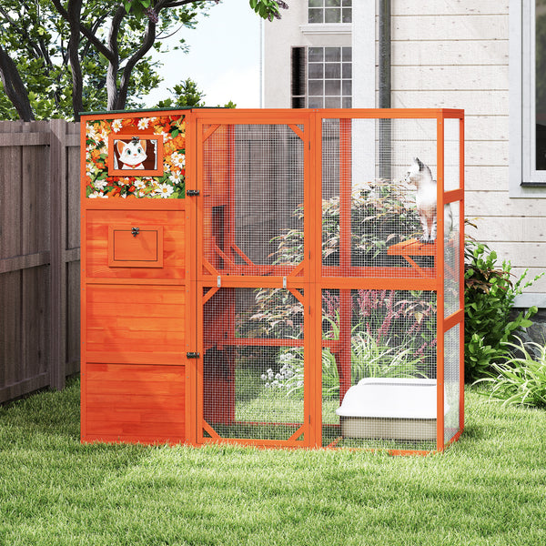 70' H Large Outdoor Cat Enclosure, 4-Tier Window Design Outdoor Cat Catio with Weatherproof Roof, 2 Resting Rooms, 2 Platforms, Orange with Colorful Patterns