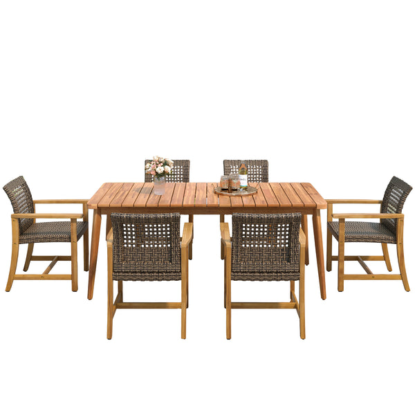 7-Piece Patio Dining Set, 72' Slatted Table & 6 Acacia Wood & PE Rattan Chairs for Patio Garden