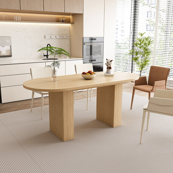 Oval Dining Table for 6 People, 62.9 Inch Farmhouse Kitchen Table with Wood Strip Base, Large Round Pedestal Dining Room Table for Living Space, Natural Finish