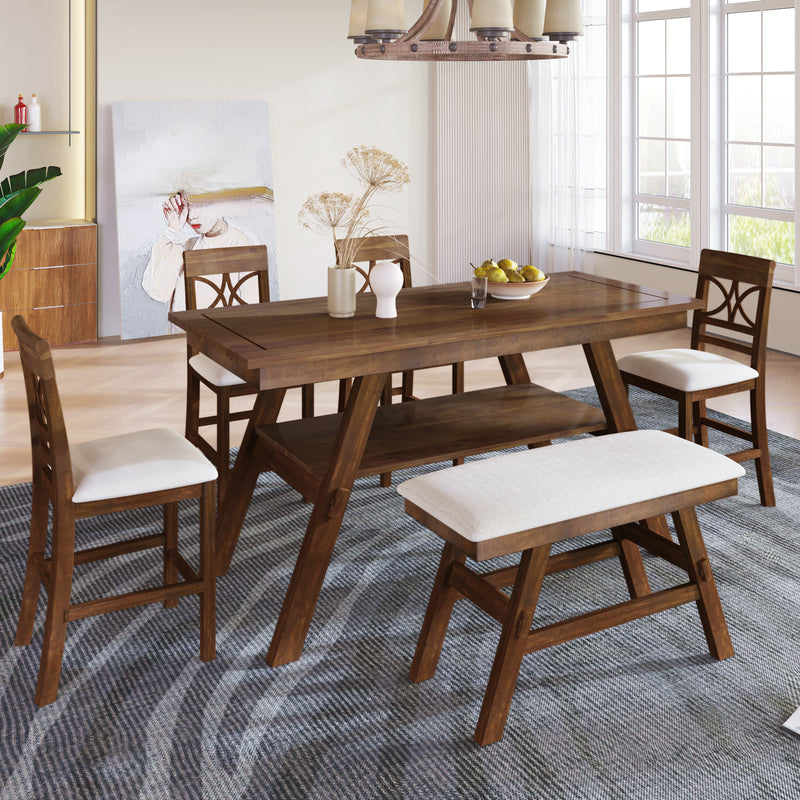 TOPMAX 6-Piece Wood Counter Height Dining Table Set with Storage Shelf, Kitchen Table Set with Bench and 4 Chairs,Rustic Style, Walnut+Beige Cushion (old sku: SH000257AAD)