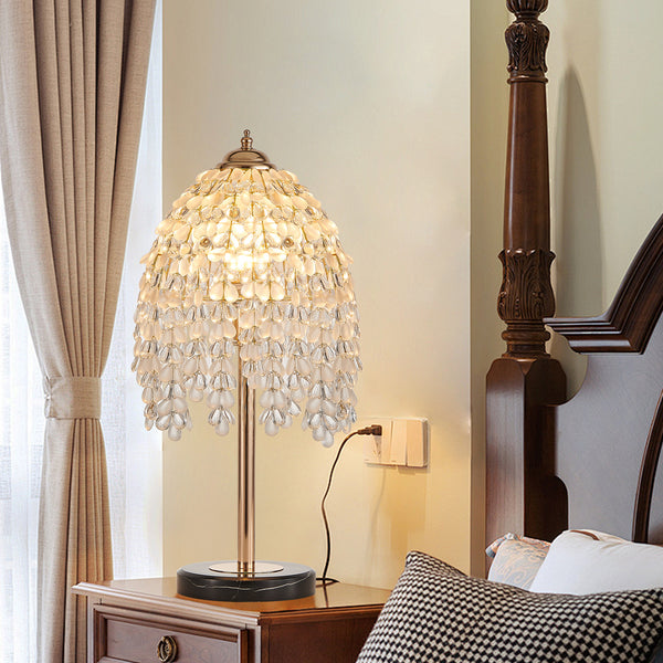 19'(H) Elegant Crystal Table Lamp – Vintage Waterfall Design with Teardrop Grape Crystal Bead String Shades and Marble Textured Base for Living Room, Bedroom, or Office (Bulb Not Included)