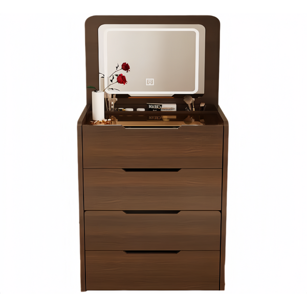 3 in 1 Vanity Desk with Flip-Top Mirror, Compact Makeup Table with Glass Top and 3 Drawers for Bedroom, Walnut